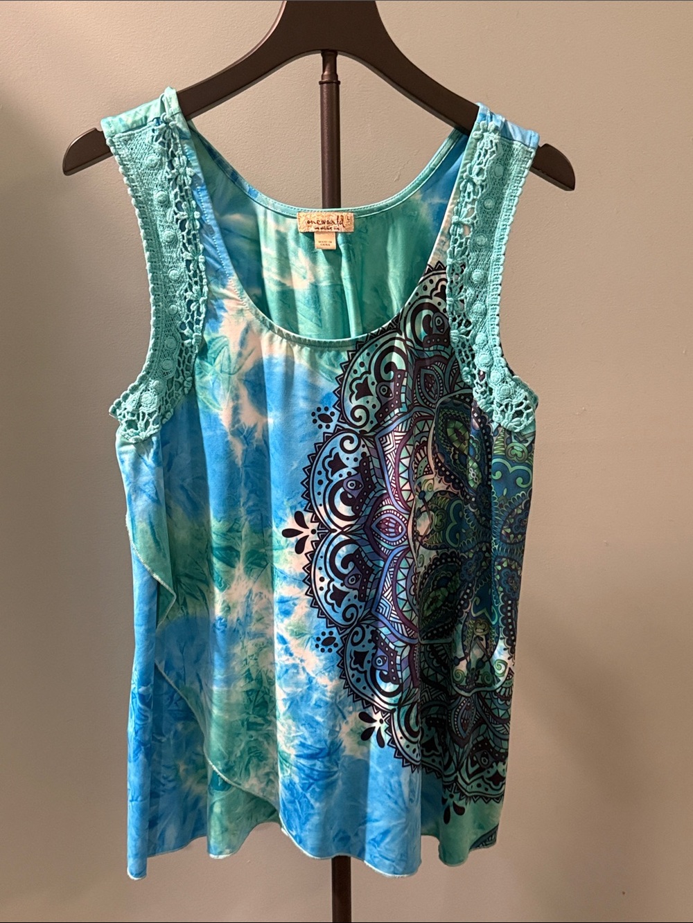 ONE WORLD Blue Teal Mandala Crochet Strap Tank